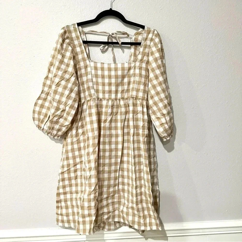 Umgee Gingham Beige & White Fall 3/4 Sleeve Tie Back A-Line Dress Size M NWT - Picture 3 of 13